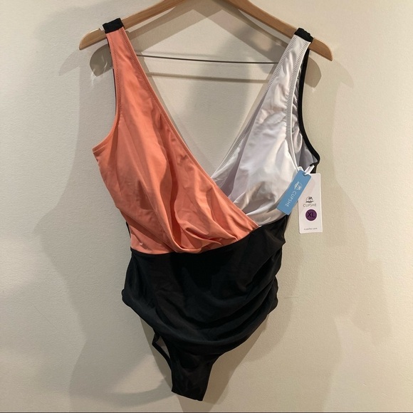 CUPSHE Sz L One piece color block peach /salmon black white tank suit NEW - Picture 2 of 8